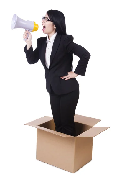 Donna d'affari con altoparlante dalla scatola — Foto Stock