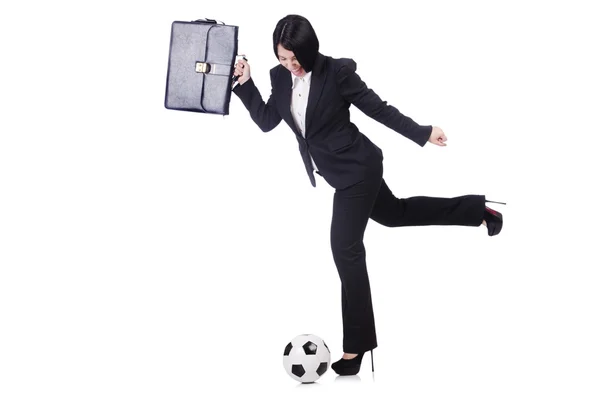 Businesswoman with ball on white — Stock Photo, Image