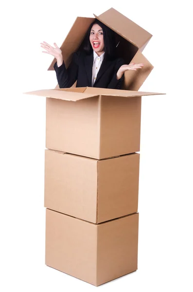 Woman with lots of boxes on white — Stock Photo, Image