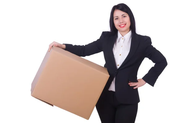 Woman with box on white — Stock Photo, Image