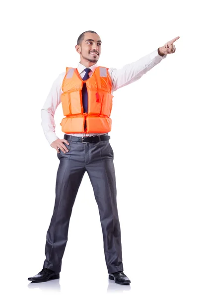 Hombre en chaleco salvavidas aislado en blanco — Foto de Stock