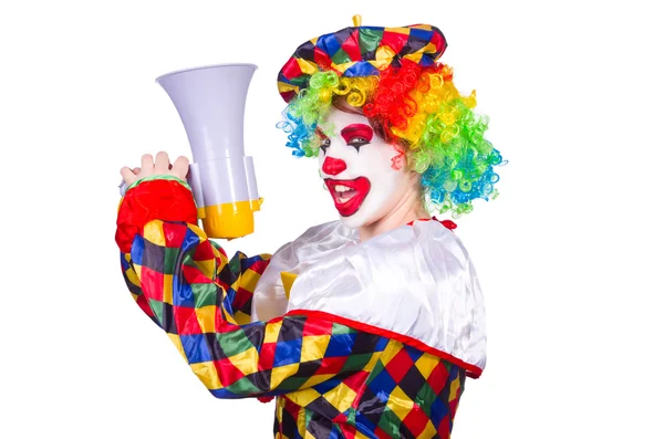 Клоун с громкоговорителем на белом — стоковое фото