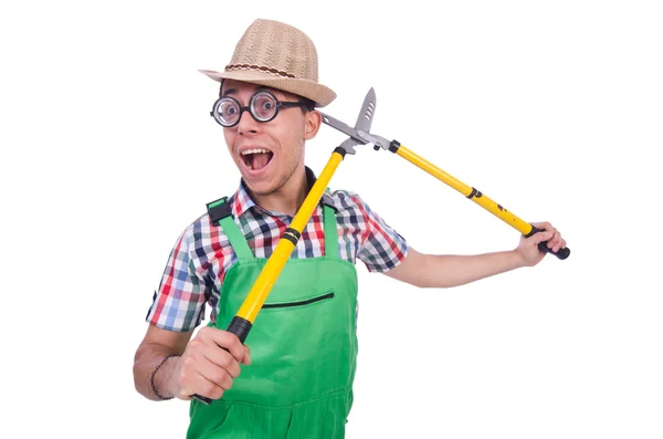 Engraçado homem com tesouras em branco — Fotografia de Stock