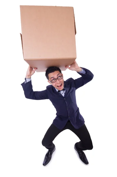 Funny man with box on white Stock Image
