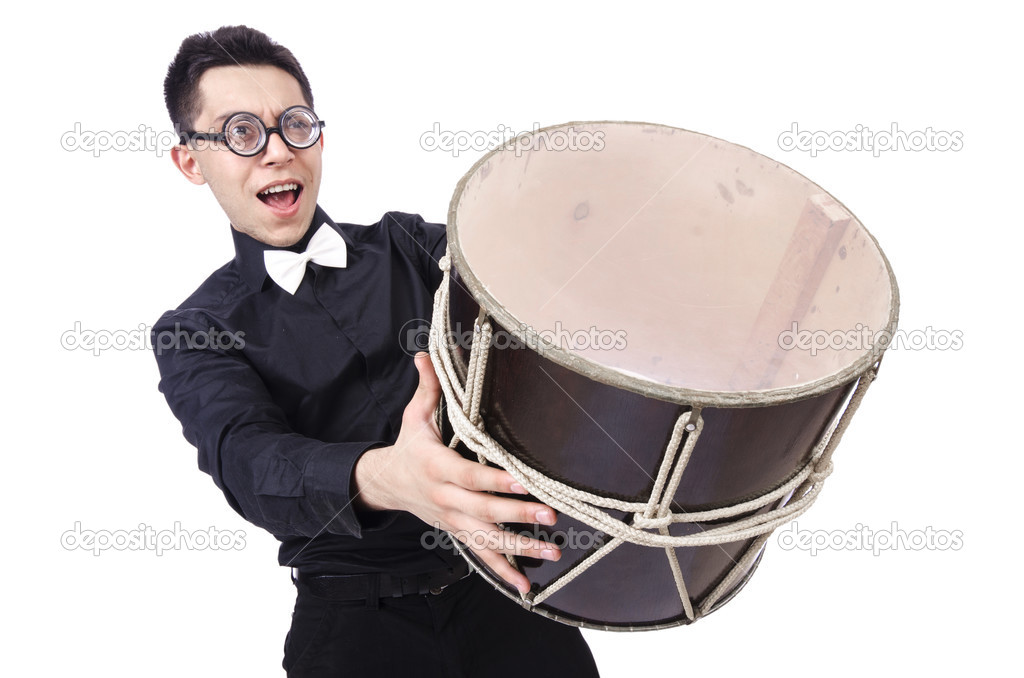 Funny man with drum on white