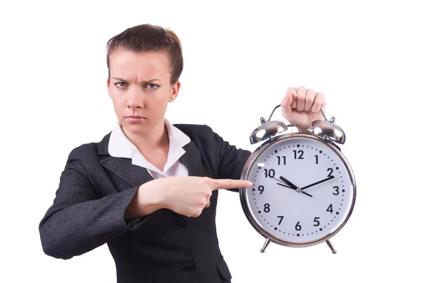 Mujer con reloj gigante en blanco — Foto de Stock