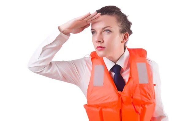 Young woman with life vest on white — Stock Photo, Image