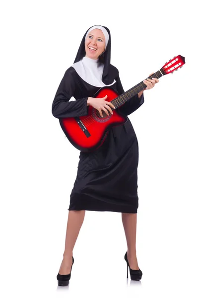 Nun playing guitar isolated on white — Stock Photo, Image