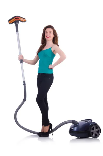 Young woman with vacuum cleaner on white — Stock Photo, Image