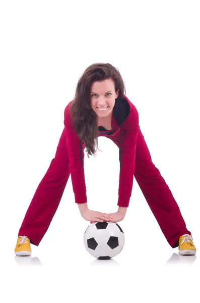 Young woman with football on white — Stock Photo, Image