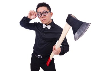 beyaz üzerine balta ile komik adam