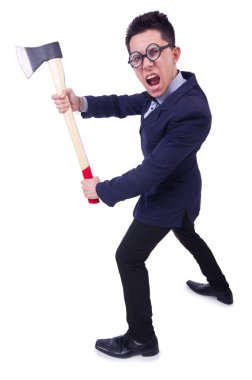 beyaz üzerine balta ile komik adam