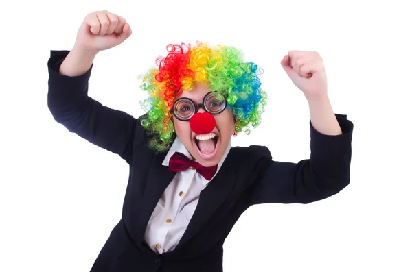 Frau Clown Geschäftsfrau isoliert auf weiß — Stockfoto