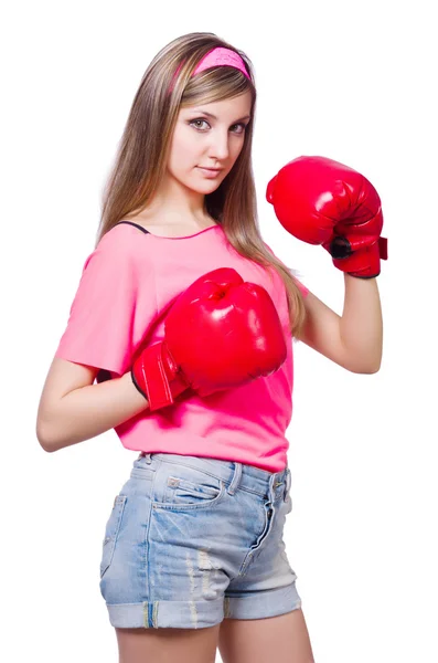 Jovem senhora com luvas de boxe em branco — Fotografia de Stock