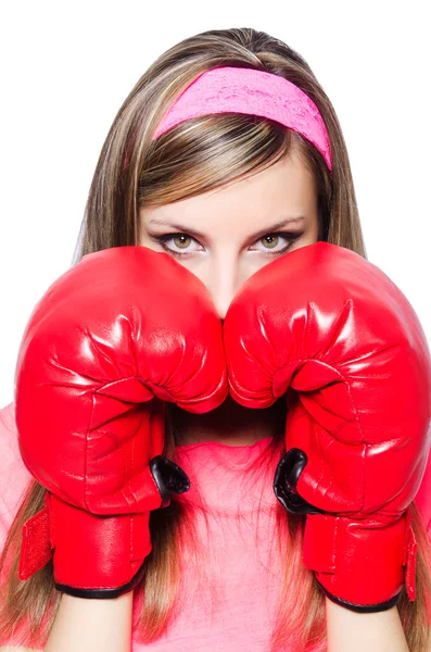 Jovencita con guantes de boxeo en blanco — Foto de Stock