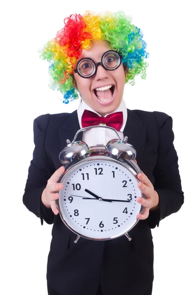Funny clown with clock on white — Stock Photo, Image
