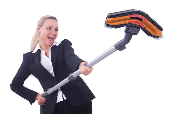 Businesswoman with vacuum cleaner on white — Stock Photo, Image