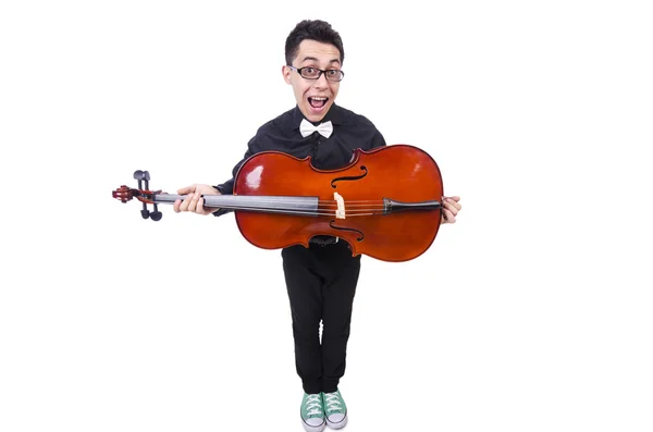 Homem engraçado com violino no branco — Fotografia de Stock