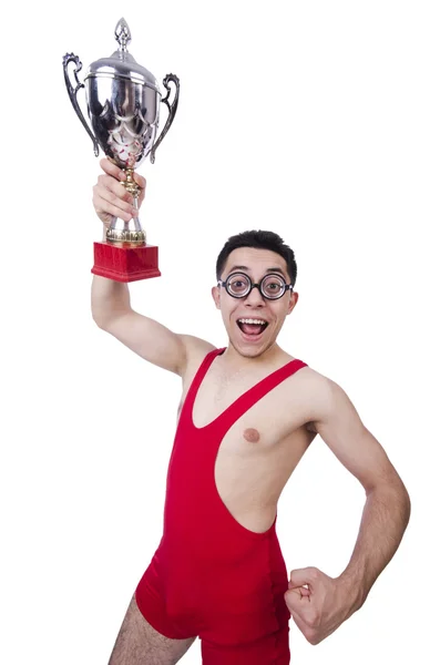 Funny wrestler with winners cup — Stock Photo, Image