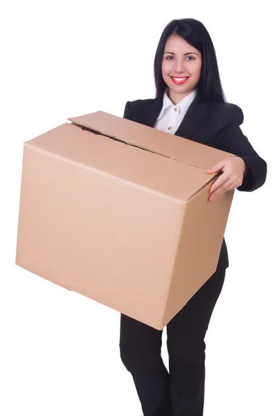 Mujer con caja en blanco — Foto de Stock