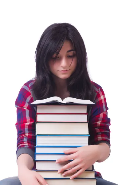 Chica estudiante con libros en blanco — Foto de Stock