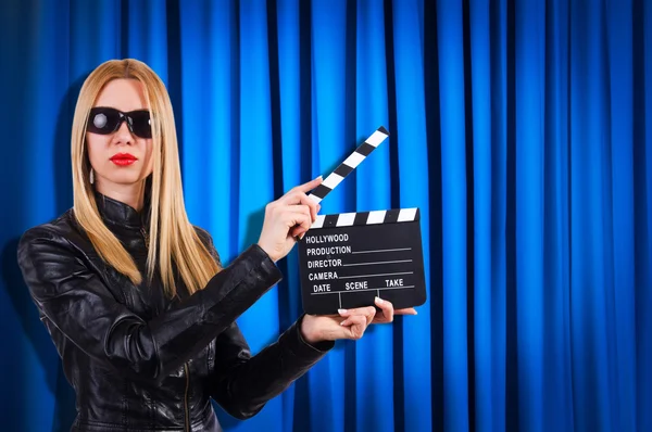 Woman gangster with movie clapper — Stock Photo, Image