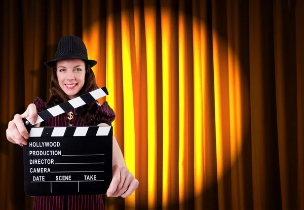 Woman gangster with movie clapper — Stock Photo, Image