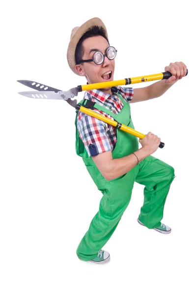 Hombre divertido con tijeras en blanco — Foto de Stock