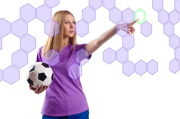 Woman with football pressing virtual buttons — Stock Photo, Image