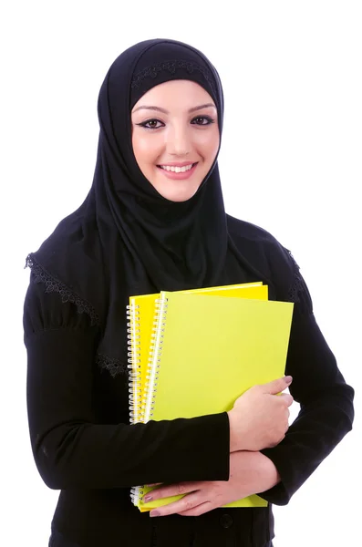 Jeune femme musulmane avec livre sur blanc — Photo