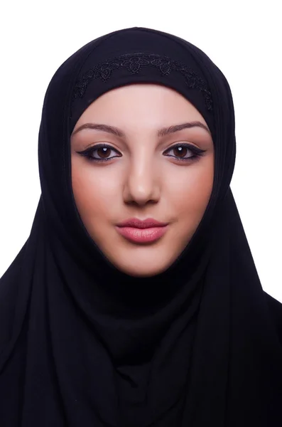 Muselman ung kvinna bär hijab på vit — Stockfoto