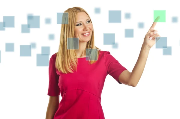 Mulher pressionando botões virtuais no branco — Fotografia de Stock