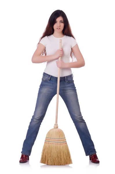 Young woman with broom isolated on white — Stock Photo, Image