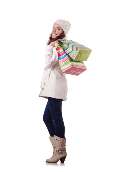 Mulher em roupas de inverno fazendo compras de Natal — Fotografia de Stock
