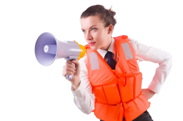 Young woman with vest and loudspeaker on white — Stock Photo, Image