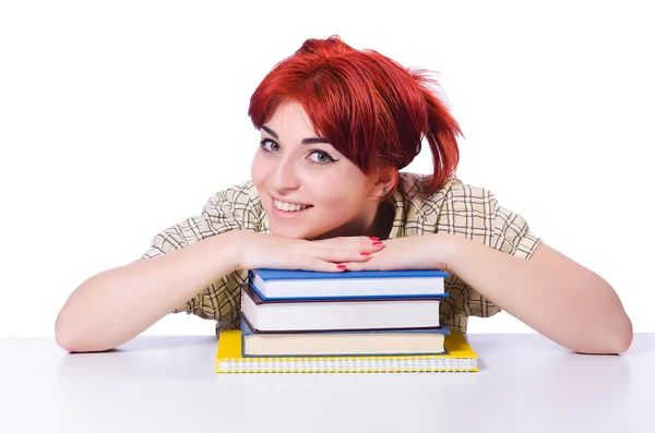 Girl student with books on white — Stock Photo, Image