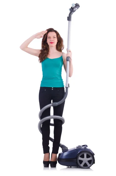 Young woman with vacuum cleaner on white — Stock Photo, Image