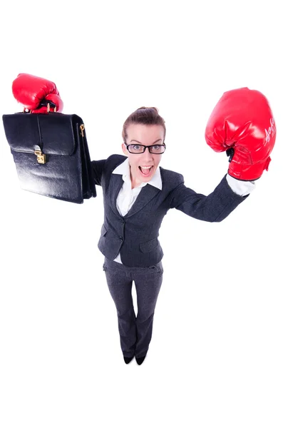 Donna con guantoni da boxe su bianco — Foto Stock