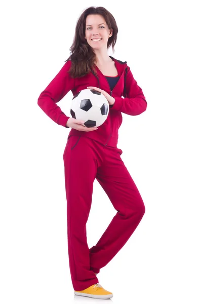 Junge Frau mit Fußball in Weiß — Stockfoto