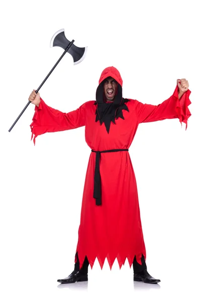 Executor em traje vermelho com machado em branco — Fotografia de Stock