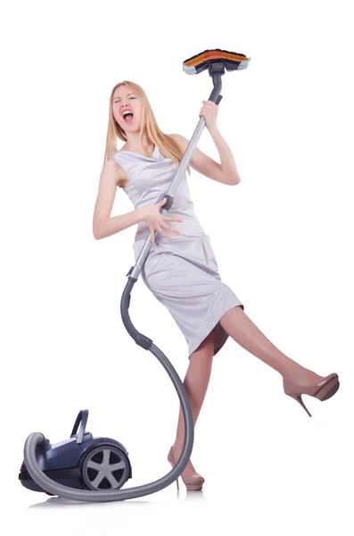 Young woman with vacuum cleaner on white — Stock Photo, Image