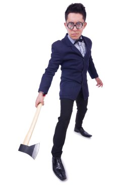 beyaz üzerine balta ile komik adam