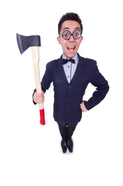 beyaz üzerine balta ile komik adam