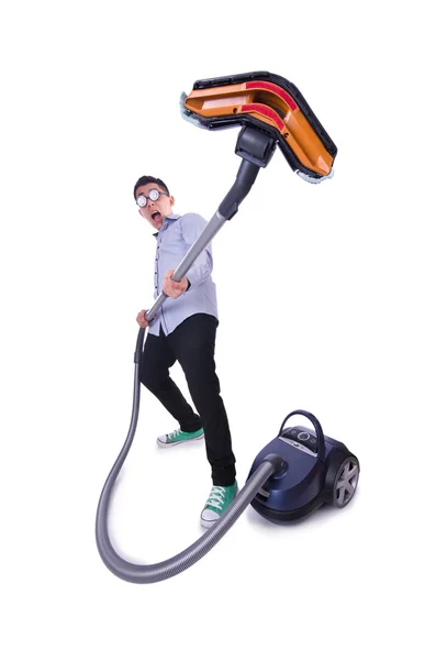 Funny man with vacuum cleaner on white — Stock Photo, Image