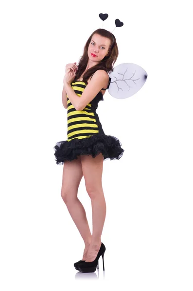 Žena ve včelím kostýmu izolovaná na bílém — Stock fotografie