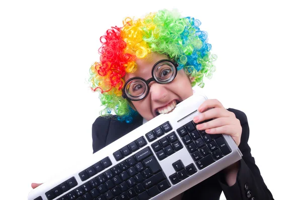 Clown drôle avec clavier sur blanc — Photo