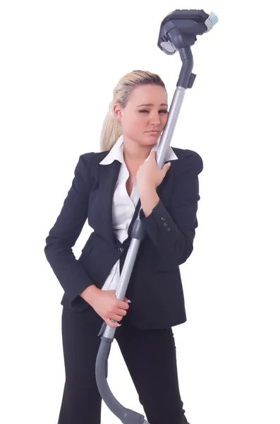 Businesswoman with vacuum cleaner on white — Stock Photo, Image