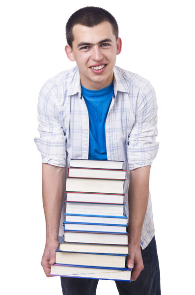 Студент с большим количеством книг на белом