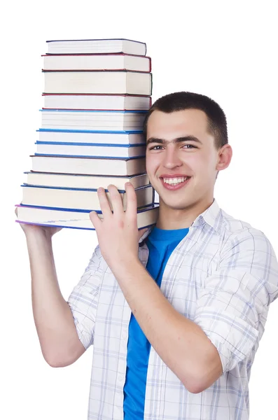 Student with lots of books on white — Stock Photo, Image