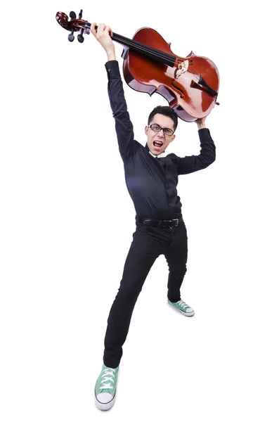 Uomo divertente con violino su bianco — Foto Stock
